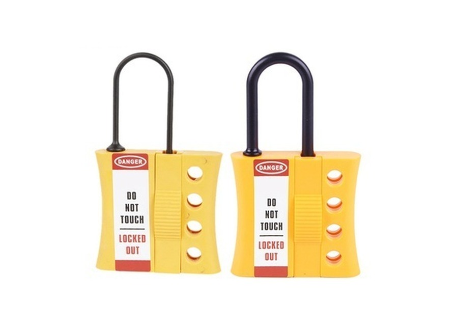 Yellow non-conductive lockout hasps with slider