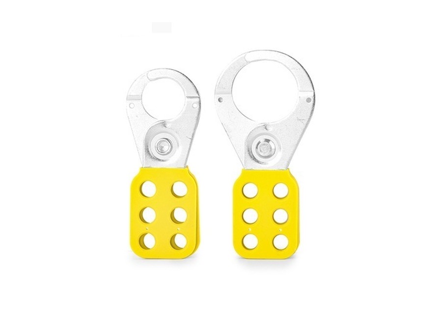 Steel group lockout hasps with yellow handle