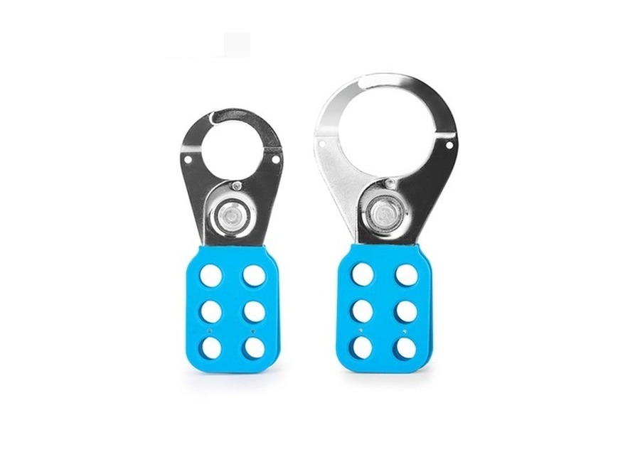 Steel group lockout hasps with blue handle