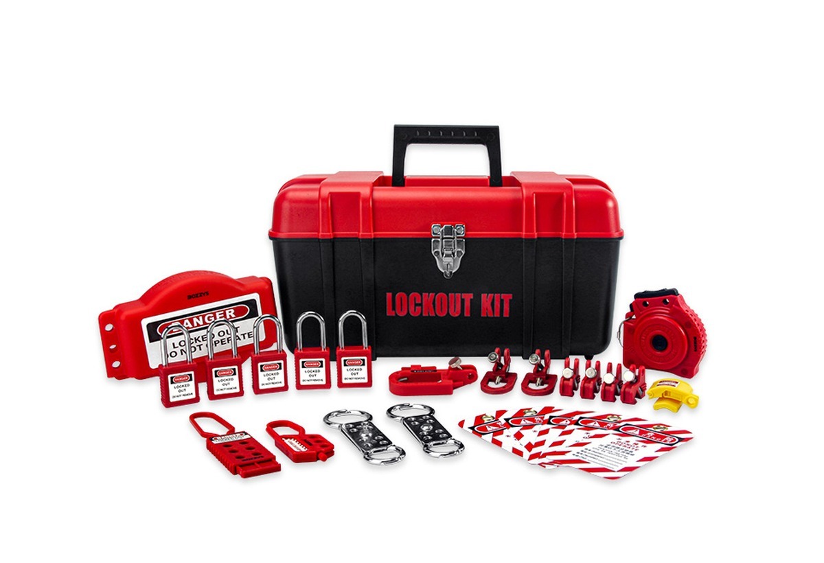 Lockout tagout kit with toolbox and devices