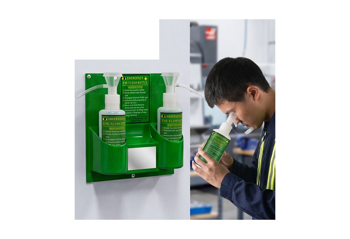 Emergency eyewash station in use