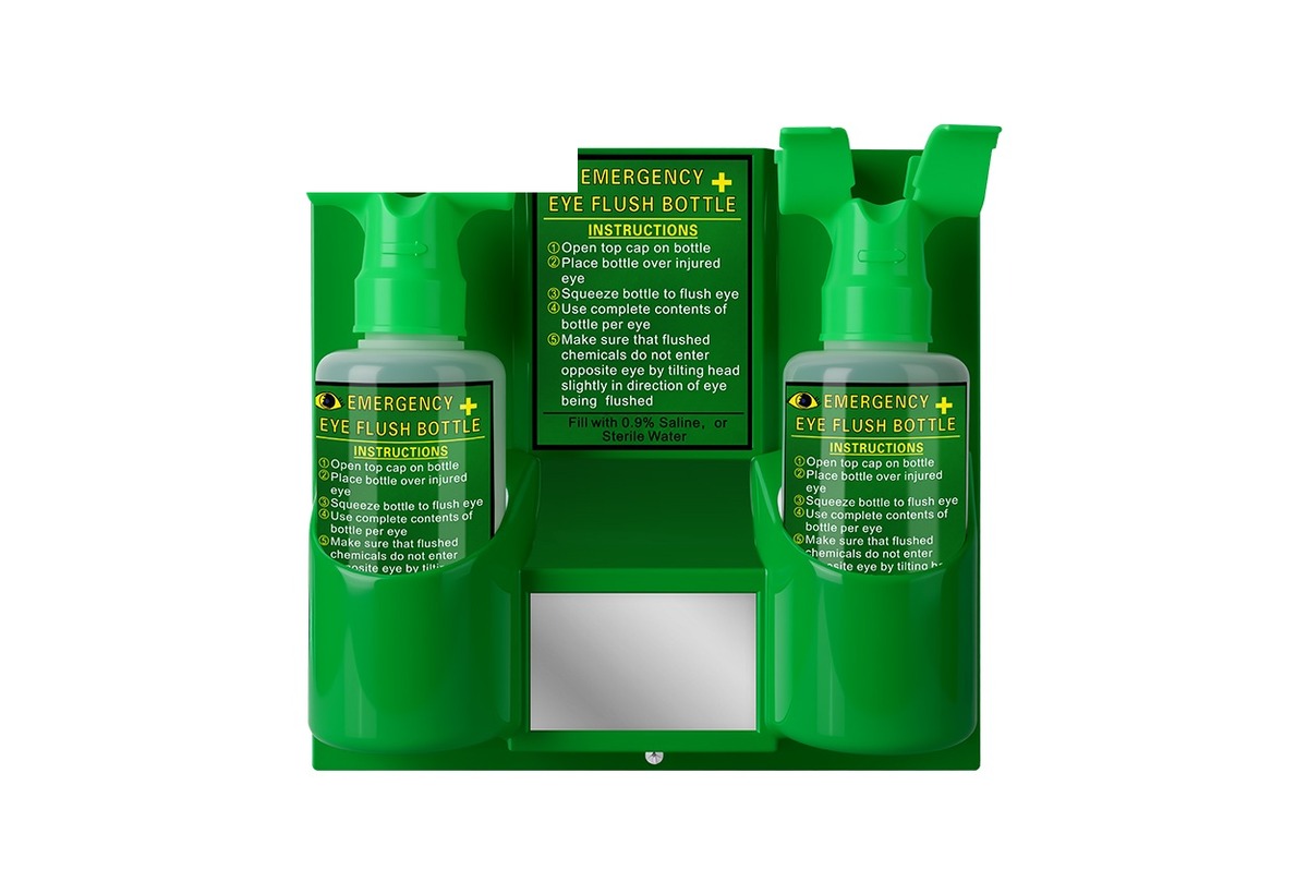 Wall-mounted eyewash station with bottles