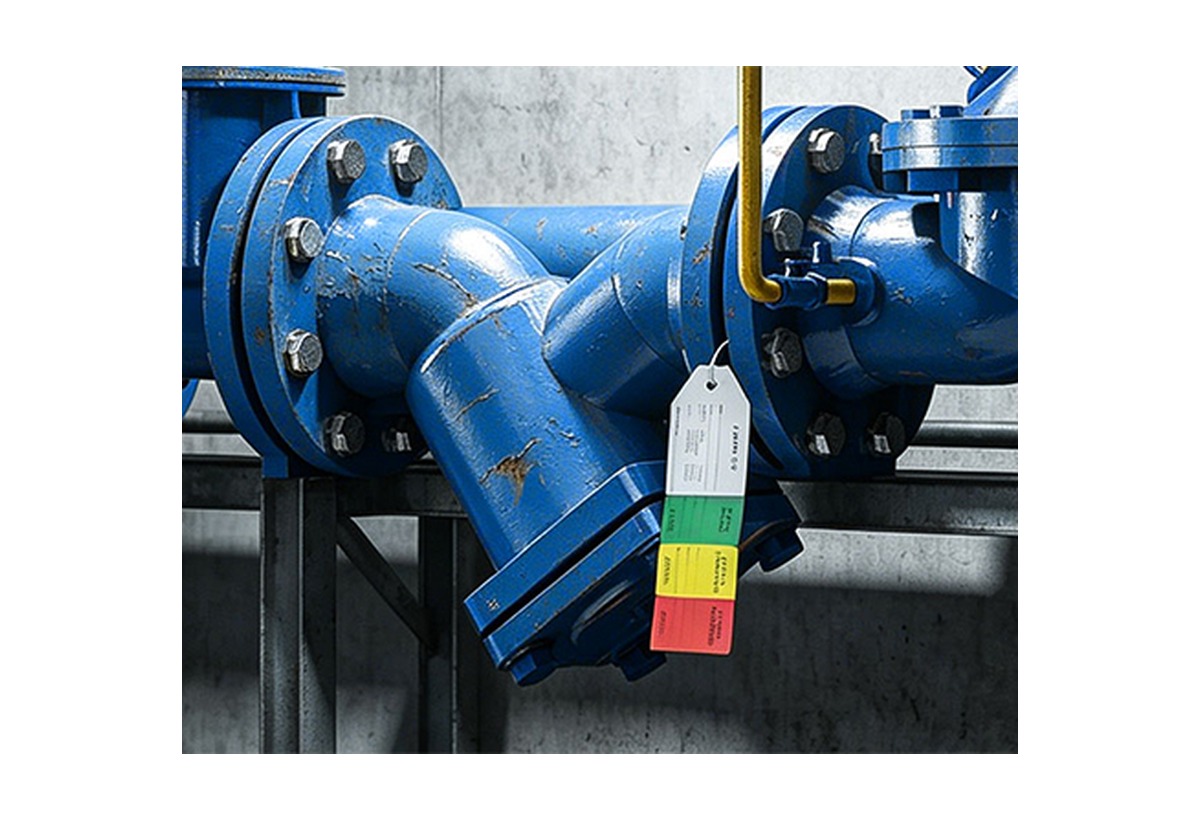 Safety label on industrial pipework
