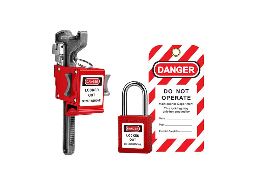 Handle-on ball valve lockout with safety padlock and tag